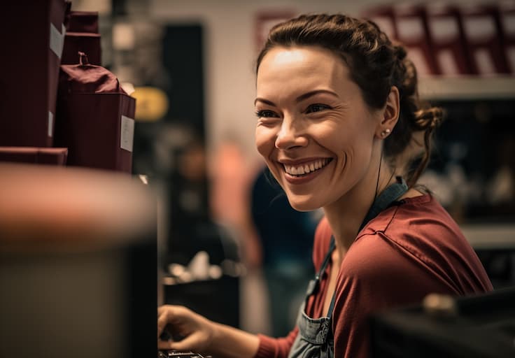 Smiling female barista working at a coffee shop.