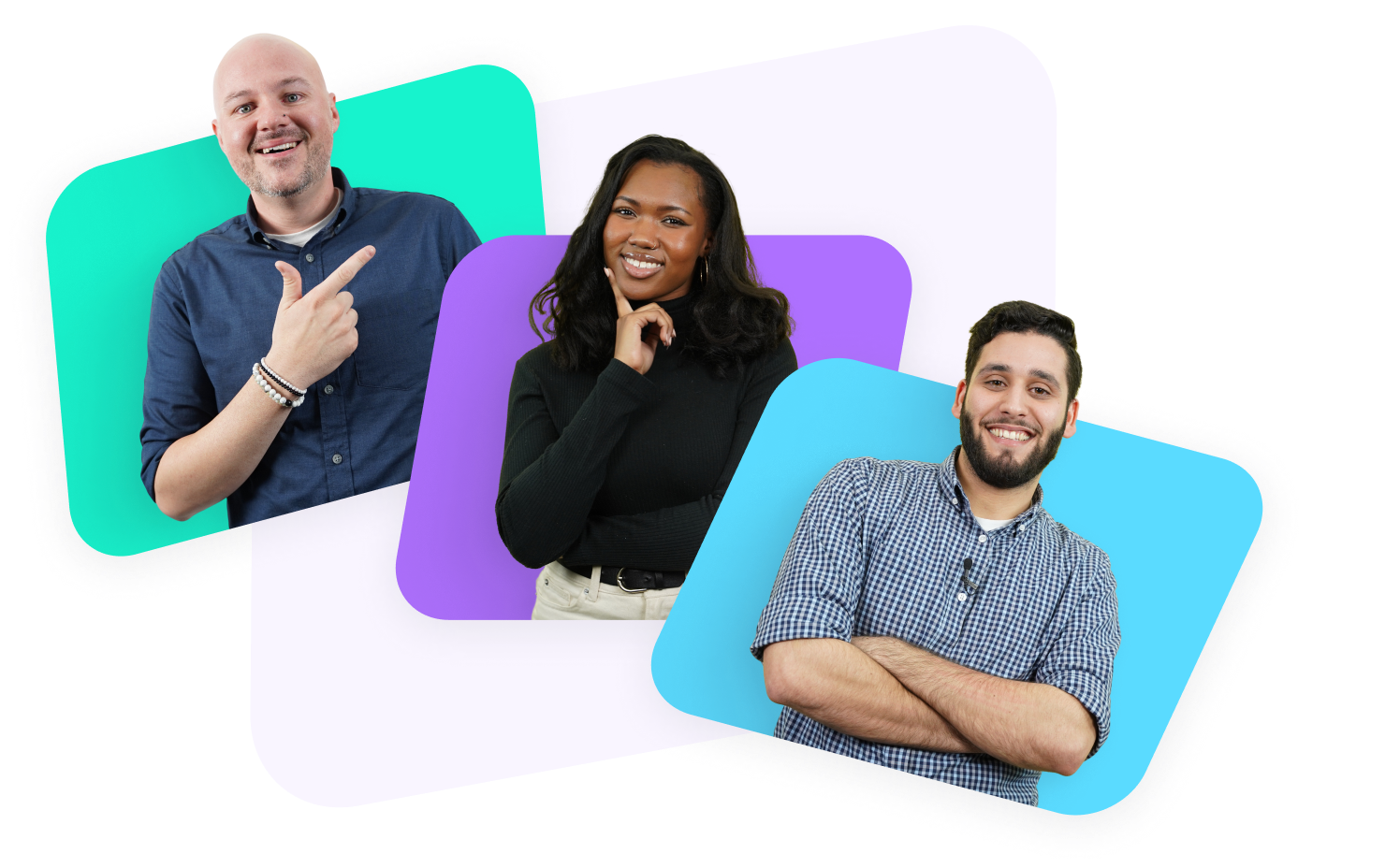 Three professionals with confident poses on colorful graphic backgrounds