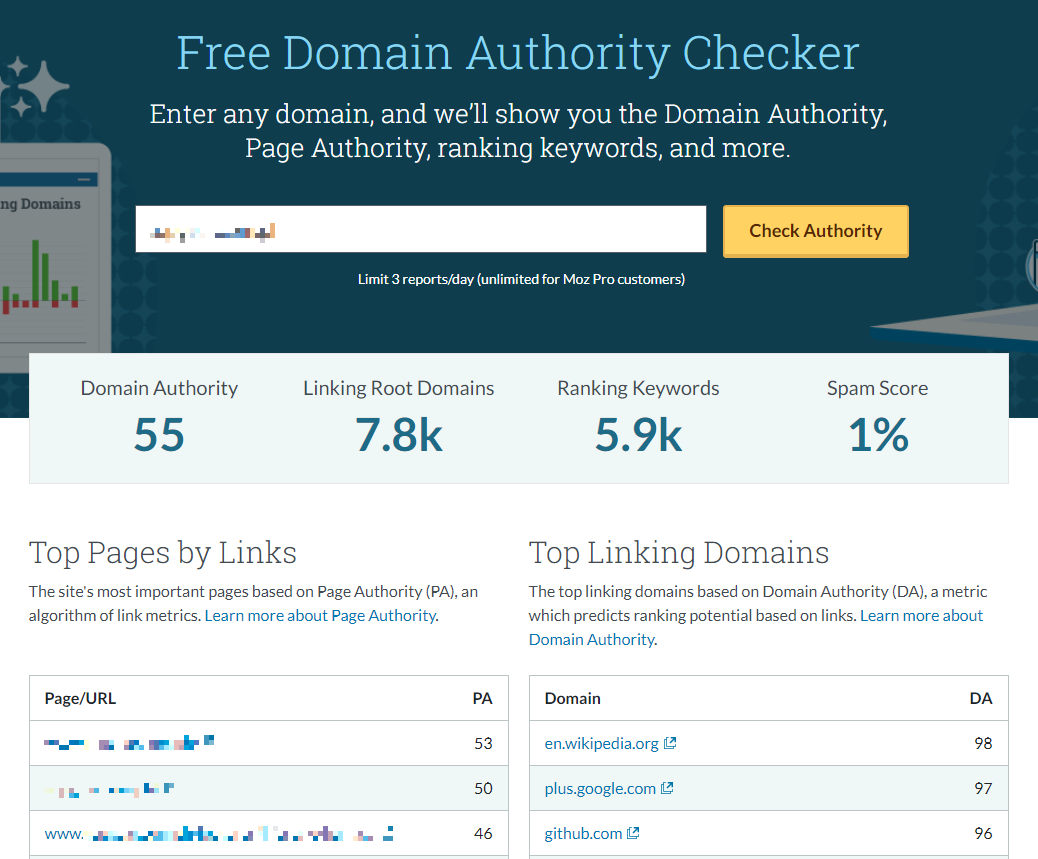 Herramienta Moz Domain Authority Checker