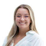 Smiling woman with glasses,long hair on a white background.